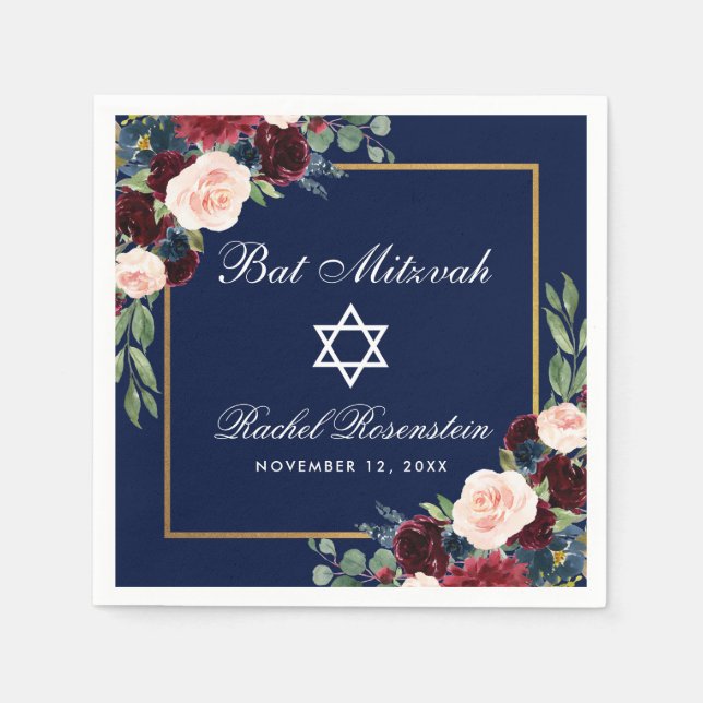 Bat Mitzvah Burgundy Blue Floral Gold Serviette (Vorderseite)
