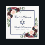Bat Mitzvah Burgundy Blue Floral Serviette<br><div class="desc">Bat Mitzvah Watercolor Burgundy Marsala Blue Floral Paper Napkin</div>