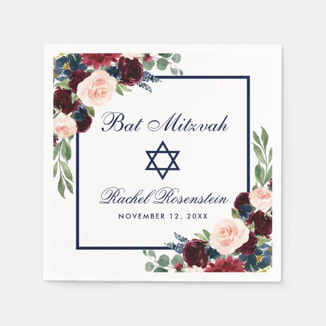 Bat Mitzvah Burgundy Blue Floral Serviette (Vorderseite)