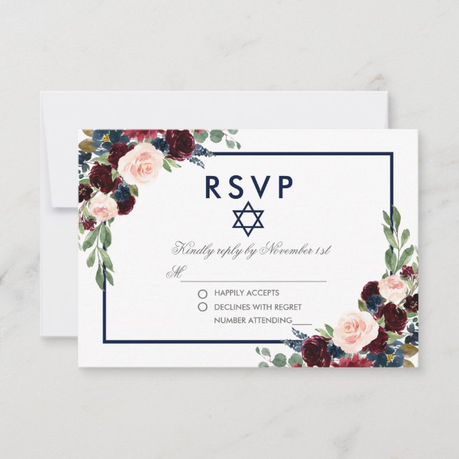 Bat Mitzvah Burgundy Blue Floral Silver UAWG RSVP Karte (Vorderseite)