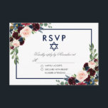 Bat Mitzvah Burgundy Blue Floral Silver UAWG RSVP Karte<br><div class="desc">Watercolor Burgundy Marsala Blue Floral Bat Mitzvah Silver RSVP Card</div>