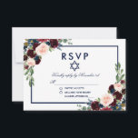 Bat Mitzvah Burgundy Blue Floral UAWG RSVP Karte<br><div class="desc">Watercolor Burgundy Blue Floral Bat Mitzvah RSVP Card</div>