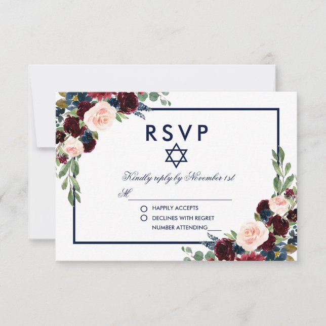 Bat Mitzvah Burgundy Blue Floral UAWG RSVP Karte (Vorderseite)