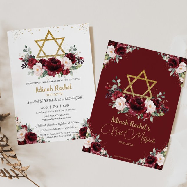 Bat Mitzvah Burgundy Blush Floral Gold Star Einladung (Von Creator hochgeladen)