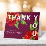Bat Mitzvah Burgundy Modern Red Floral Watercolor Dankeskarte<br><div class="desc">Vergewissern Sie sich, dass Ihr Lieblings-Bat Mitzvah ihre Wertschätzung für alle, die ihre Meilenstein-Veranstaltung unterstützt! Versenden Sie diese personalisierte Einladung! Eine schicke, atemberaubende, florale Aquarellfarbe mit modernem san serif type überlagert einen bordeauxfarbenen Hintergrund. Personalisieren Sie den benutzerdefinierten Text mit dem Namen Ihres Bat Mitzvah. Garantiert eine stilvolle Touch zu ihrer...</div>