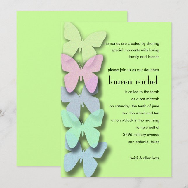 Bat Mitzvah Butterfly Border mehrfarbig Einladung (Vorne/Hinten)