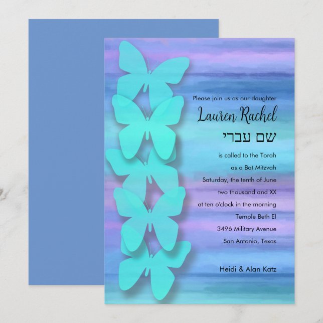 Bat Mitzvah Butterfly Türkisch Lila Wasserfarbe Einladung (Vorne/Hinten)