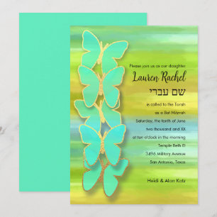 Bat Mitzvah Butterfly Watercolor Blau Gelb Einladung