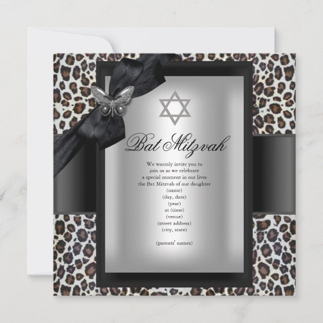 Bat Mitzvah Cheetah Black Butterfly Einladung (Vorderseite)