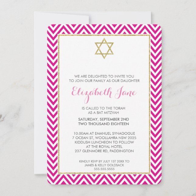 BAT MITZVAH chervon Muster Gold glitterrosa Einladung (Vorderseite)