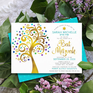 Bat Mitzvah Chic Turquoise Goldener Tree of Life Einladung
