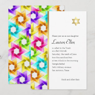 Bat Mitzvah Colorful Star Damask Einladung