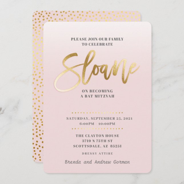 Bat mitzvah CUSTOM Invitation or rose pâle SLOANE (Devant / Derrière)