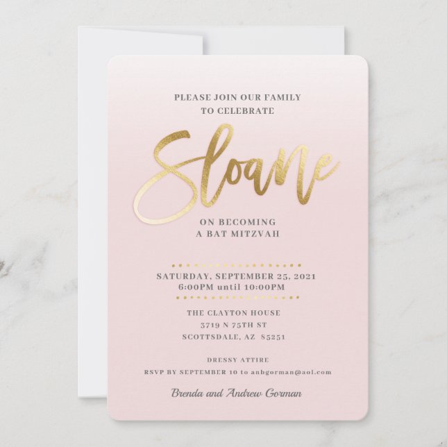Bat mitzvah CUSTOM Invitation or rose pâle SLOANE (Devant)