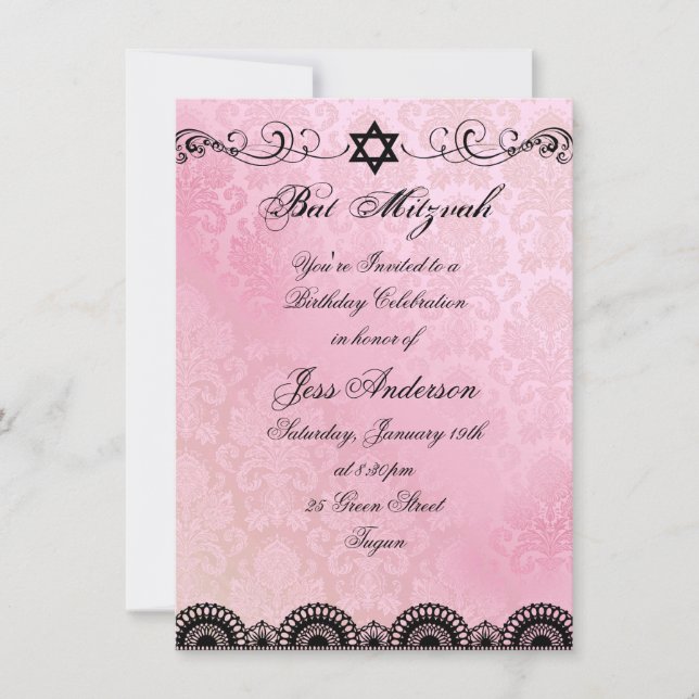 Bat mitzvah de dentelle rose et noire Invitation d (Devant)