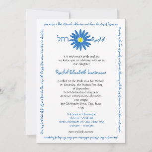 Bat Mitzvah Delightful Daisy Message Text Blau Einladung