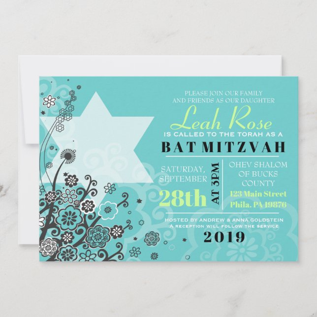 BAT MITZVAH d'invitation STAR FLOWERS Invitation (Devant)