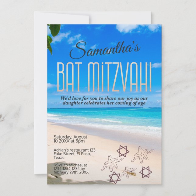 Bat mitzvah Einladung: Beach theme, QR Einladung (Vorderseite)