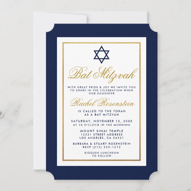 Bat Mitzvah Einladung Blau und Gold (Vorderseite)