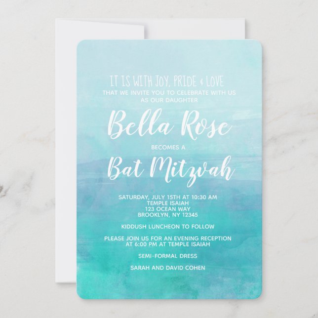Bat Mitzvah Einladung Blue Watercolor Ombre (Vorderseite)