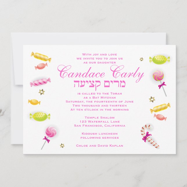 Bat Mitzvah Einladung Candy Candyland Thema (Vorderseite)