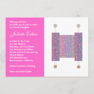 Bat Mitzvah Einladung Festivals Torah Scroll Rosa