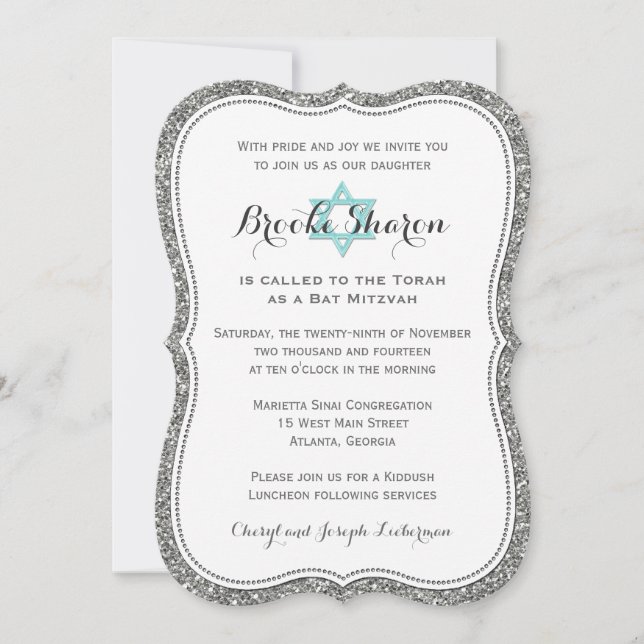 Bat Mitzvah Einladung| IMITAT Silver Glitzer Einladung (Vorderseite)