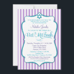 Bat Mitzvah Einladung Lila Aquamarine Elegante Str<br><div class="desc">Eine elegante Bat Mitzvah Einladung in lila und aquamarin,  mit lila und weißen Streifen und aquamarinen Glitzer Textrahmen zusammen mit einem aquamarinen Glitzer Star of David. Der Textrahmen des Glitzer auf diesem klassischen Bat Mitzvah lädt mit einem Schatten ein,  um ein erhabenes Aussehen zu geben.</div>