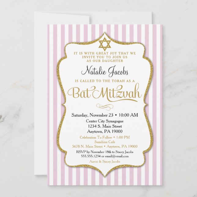 Bat Mitzvah Einladung Rosa Gold Eleganter Streifen (Vorderseite)