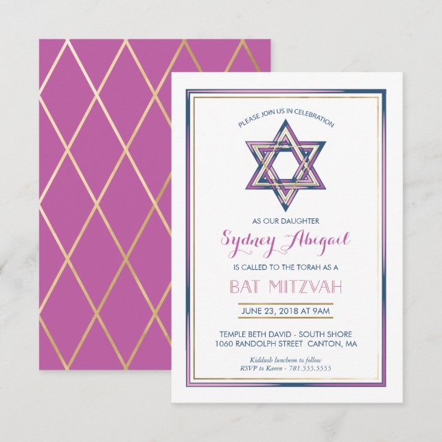 Bat Mitzvah Einladung - Star von David w/ Gold (Vorne/Hinten)