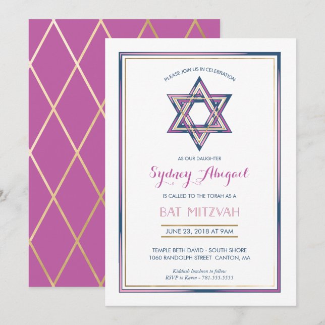 Bat Mitzvah Einladung - Star von David w/ Gold (Vorne/Hinten)