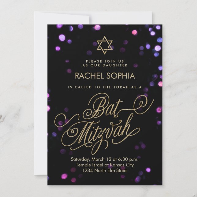 Bat Mitzvah Einladungen | Elegant Lila & Gold (Vorderseite)