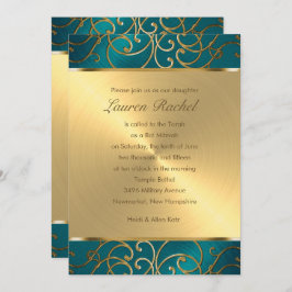 Bat Mitzvah Elegant Aquamarin Blue and Gold Filigr Einladung