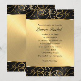 Bat Mitzvah Elegant Black and Gold Filigree Einladung