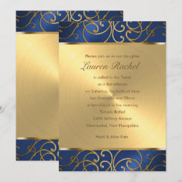 Bat Mitzvah Elegant Blue and Gold Filigree Einladung