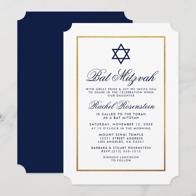 Bat Mitzvah Elegant Blue Gold Einladung (Vorne/Hinten)