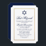 Bat Mitzvah Elegant Blue Gold Einladung<br><div class="desc">Bat Mitzvah Blue and Gold Einladungskarte - Ticketstil</div>