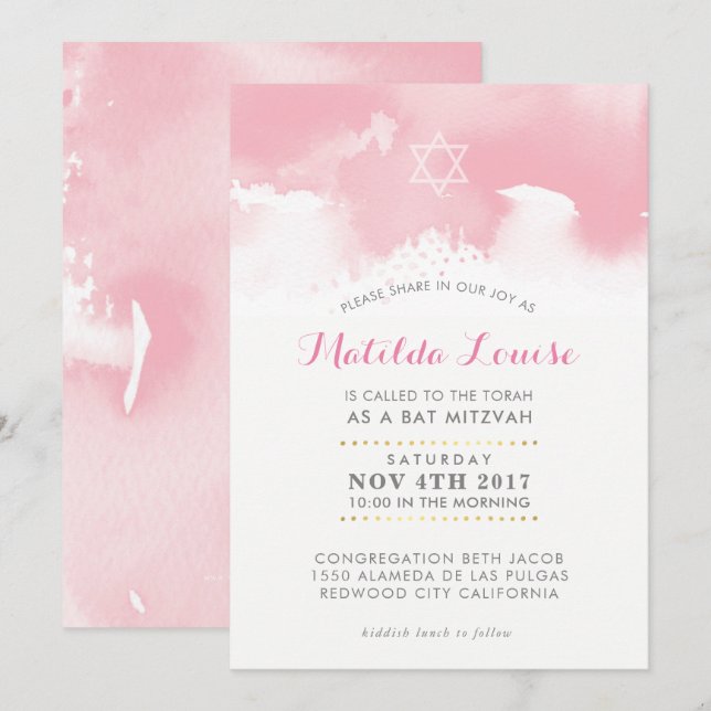 BAT MITZVAH élégant couleur rose pâle invitation (Devant / Derrière)