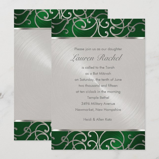 Bat Mitzvah Elegant Emerald Green Silver Filigree Einladung (Vorne/Hinten)