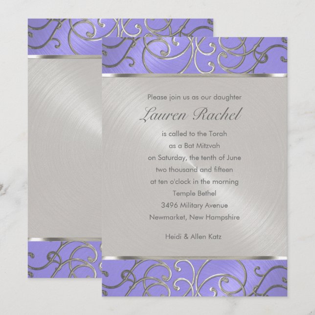 Bat Mitzvah Elegant Lavender Lila Silver Filigre Einladung (Vorne/Hinten)