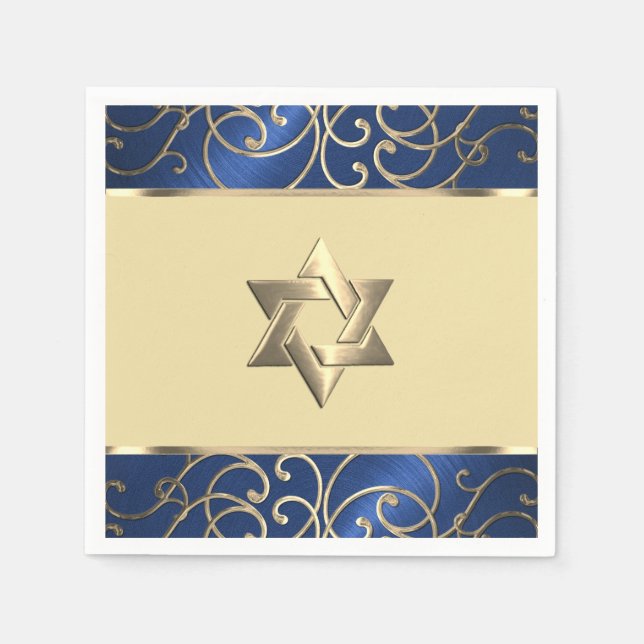 Bat Mitzvah Elegant Navy Blue und Gold Filigree Serviette (Vorderseite)