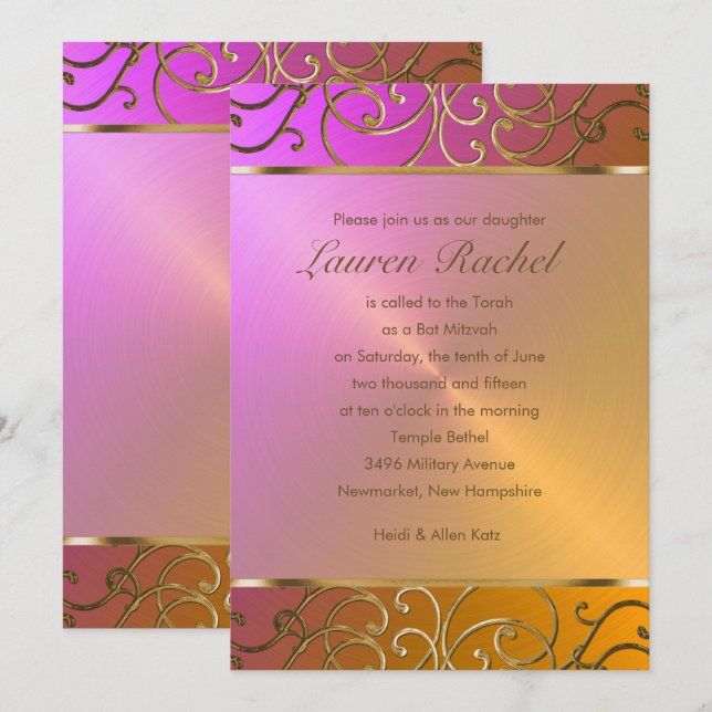 Bat Mitzvah Elegant Orange Pink Gold Filigree Einladung (Vorne/Hinten)