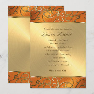 Bat Mitzvah Elegant Orange und Gold Filigree Einladung