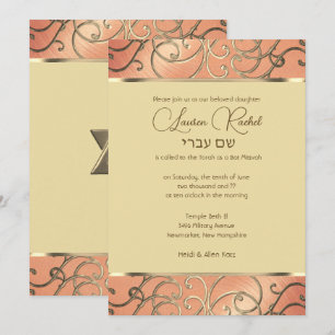Bat Mitzvah Elegant Peach und Gold Filigree Einladung