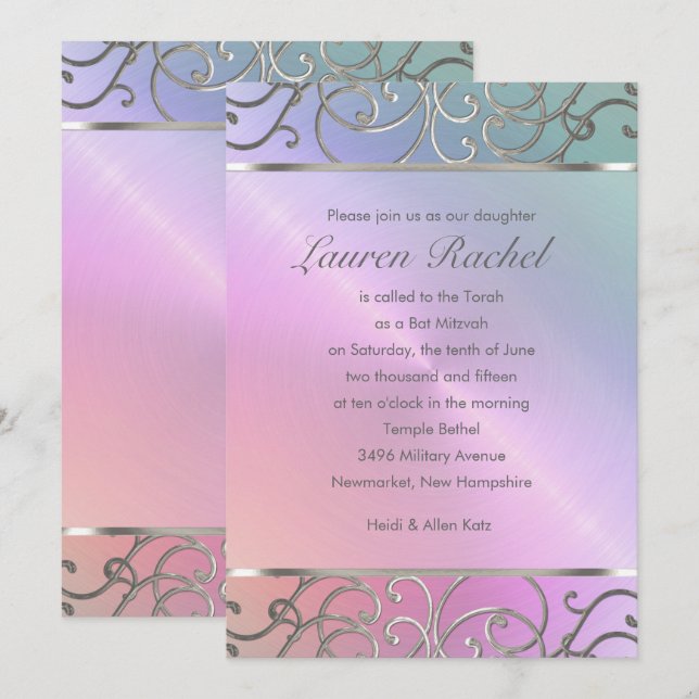 Bat Mitzvah Elegant Pearl Pink Silver Filigree Einladung (Vorne/Hinten)