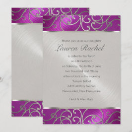 Bat Mitzvah Elegant Raspberry Pink Silver Filigree Einladung