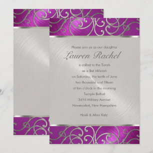Bat Mitzvah Elegant Raspberry Pink Silver Filigree Einladung
