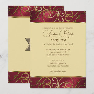 Bat Mitzvah Elegant Red and Gold Filigree Einladung