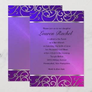 Bat Mitzvah Elegant Rosa Lila Silber Filigree Einladung