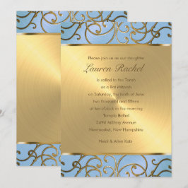 Bat Mitzvah Elegant Sky Blue und Gold Filigree Einladung